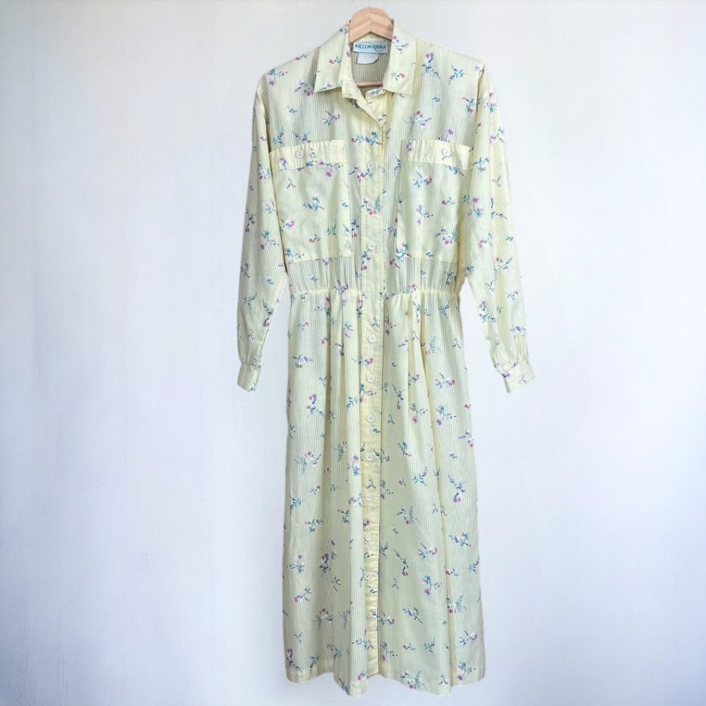 Vintage 70s 80s Willow Ridge Yellow Floral Long Sleeve Collared Day Dress S/M